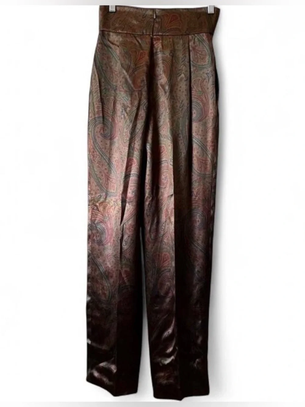 Perry Ellis Vintage Brown Paisley High Waisted Ladies Cropped Silk Trousers - Picture 3 of 11